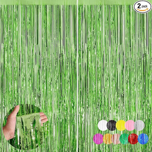Light Green Metallic Tinsel Foil Fringe Curtains Backdrop 2Pack 3.3x8.3Ft Green Party Streamers for Birthday Party Decorations Halloween Christmas Decors Foil Curtain Backdrop for Bachelorette Wedding