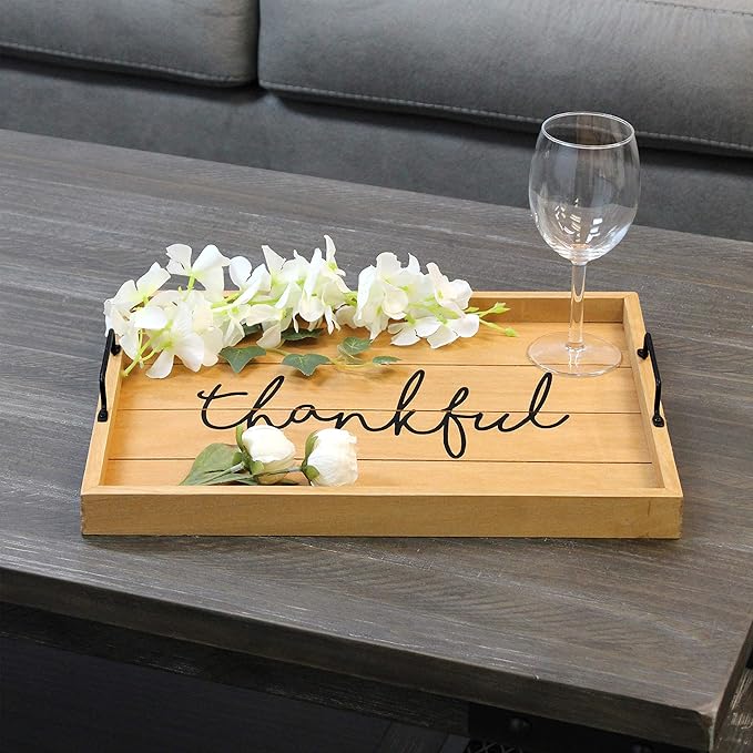 Elegant Designs HG2000-NTF Decorative Wood Serving Tray w/Handles, 15.50" x 12", Thankful (Pack of 4)