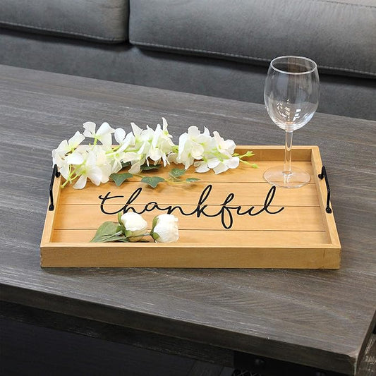 Elegant Designs HG2000-NTF Decorative Wood Serving Tray w/Handles, 15.50" x 12", Thankful (Pack of 4)