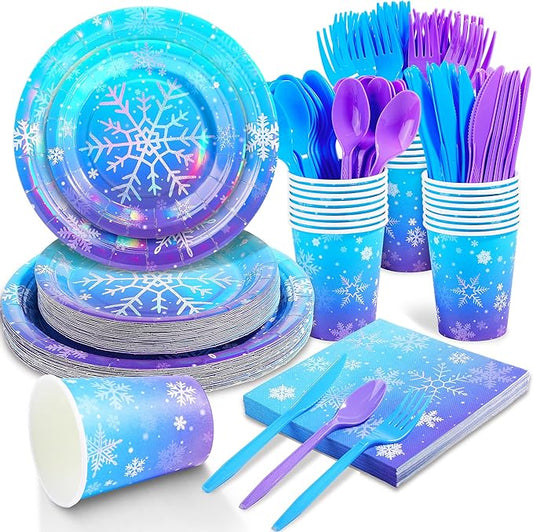 Kochorie 175 Pieces Frozen Iridescent Winter Snowflake birthday Party Supplies Frozen Disposable Party Tableware Set Paper Plates Napkins Cups for Christmas Winter Wonderland Decorations, Serve 25