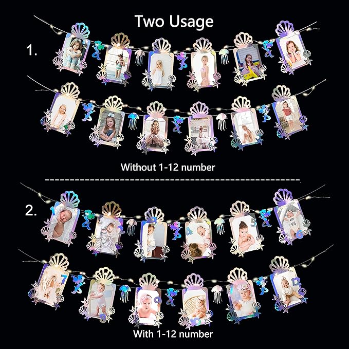 Iridescent Mermaid Photo Banner 4"x6" Jellyfish SeaShell Starfish Photograph Bunting with LED String Light for Little Mermaid Under The Sea Baby Kid Birthday Bachelorette Anniversary Party Decorations