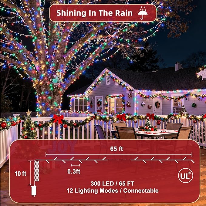 300LED 75FT Christmas Lights Indoor, LED Christmas Tree Decoration Lights with 12 Modes & Timer Memory, Dimmable Plug In Waterproof LED Xmas Light for Yard Trees Wedding Party Holiday Multicolor