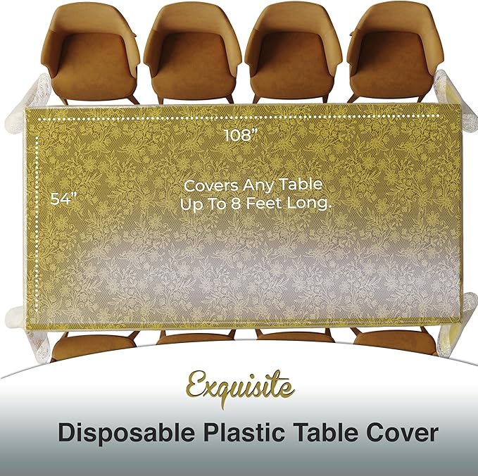 Exquisite Lace Table Cloth Rectangle Table Plastic 6-Pack Lace Tablecloth Rectangular 54" X 108" | Clear & Gold Floral Tablecloth Disposable | Wild Flower Party Decorations & Party Supplies
