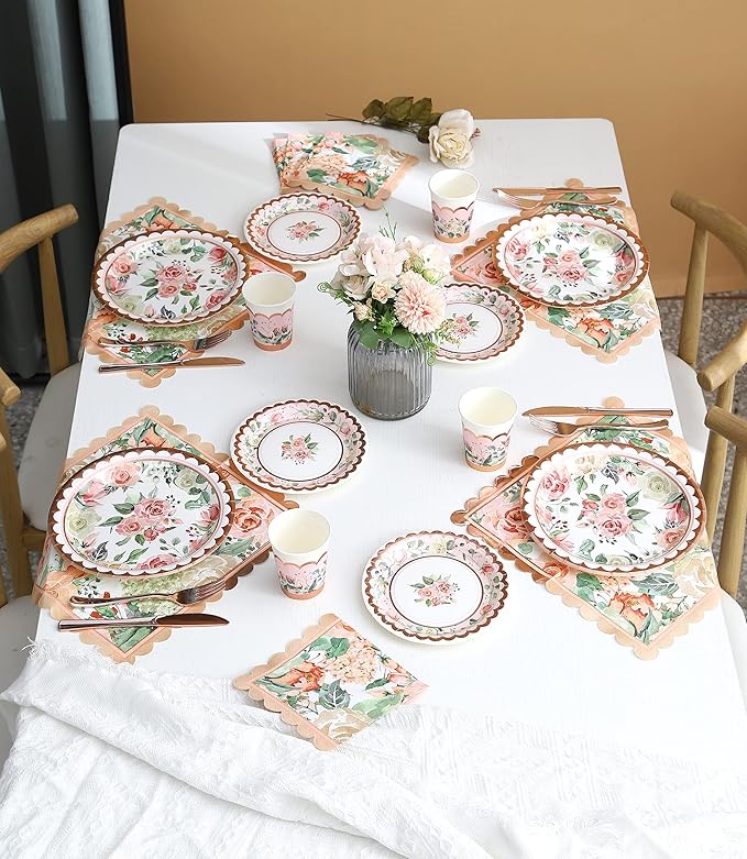 Vintage Floral Party Supplies Rose Gold for Mother's Day - Serves 16 - Includes Flower Paper Plates Cups Napkins Knifes Forks for Baby Shower Bridal Shower Wedding Birthday Decorations Tea Party