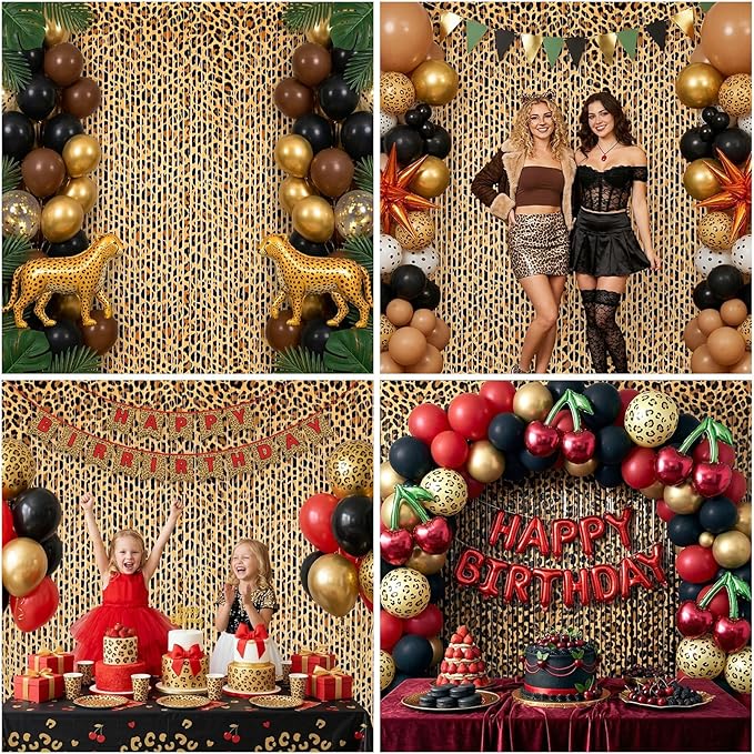 2 Packs Cheetah Prin Foil Fringe Curtain, Leopard Print Glitter Metallic Tinsel Backdrop for Birthday, Baby Shower, Jungle Safari Bachelorette Photo Booth Props Animal Party Decorations Favor Supplies
