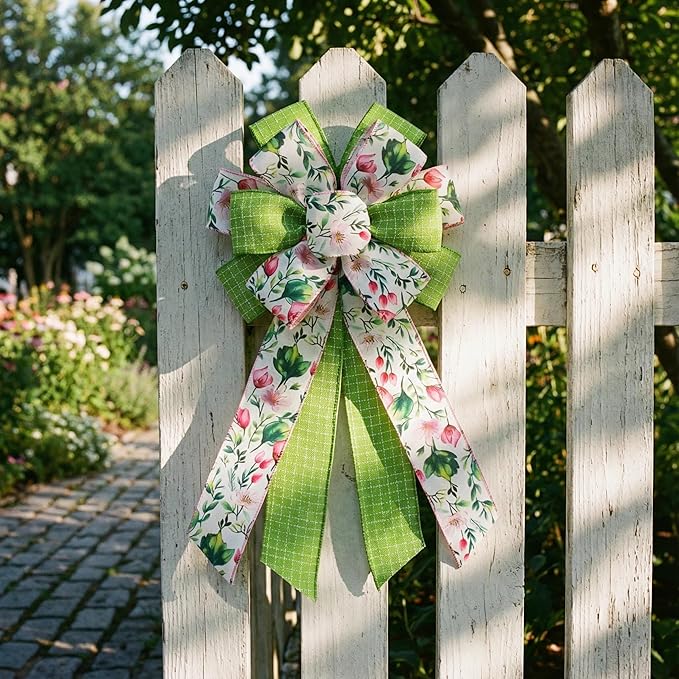 Spring Summer Floral Wired Ribbon, Green Grid Pink Plaid Floral Pattern Craft Ribbon for Wreath Bow Making, DIY Crafts, Gift Wrapping, Party Decorations, 3 Rolls, 2.5Inch, 15 Yards (Green)