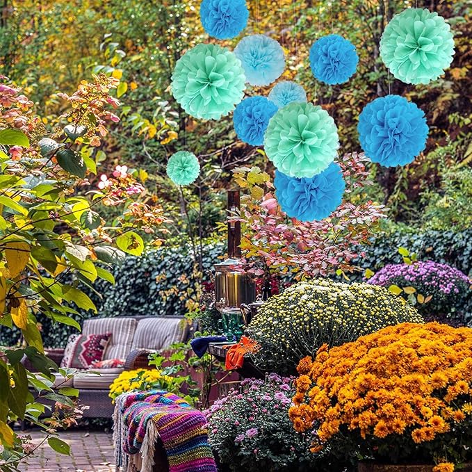 20 PCS Emerald Blue Tissue Paper Pom Poms, Tissue Pom Poms Flowers, Sizes of 6", 10", 12", 14" Hanging Paper Flower Ball for Wedding, Birthday, Halloween, Christmas, Baby Shower Party Decor