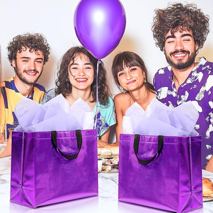 KeerxunBag 12Pcs Reusable Gift Bags（Includes Tissue Paper） Gift bag with handle Birthdays Parties Holidays Weddings Medium 13x5x11in Purple Gift Bags