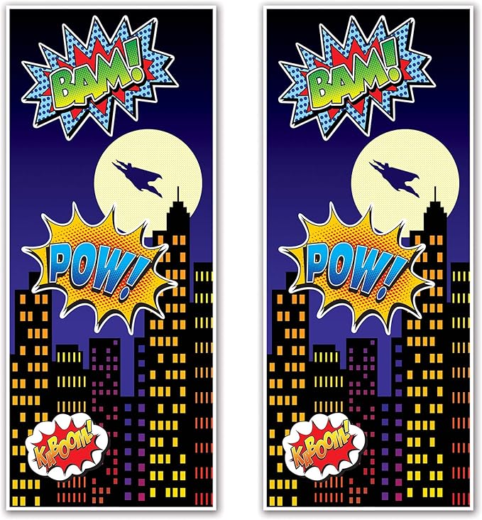 Beistle 2-Piece Hero Door Covers, Superhero Themed Party Decorations, Comic Book Hero Party Accessories, Action Hero Party Supplies, 30" x 6'