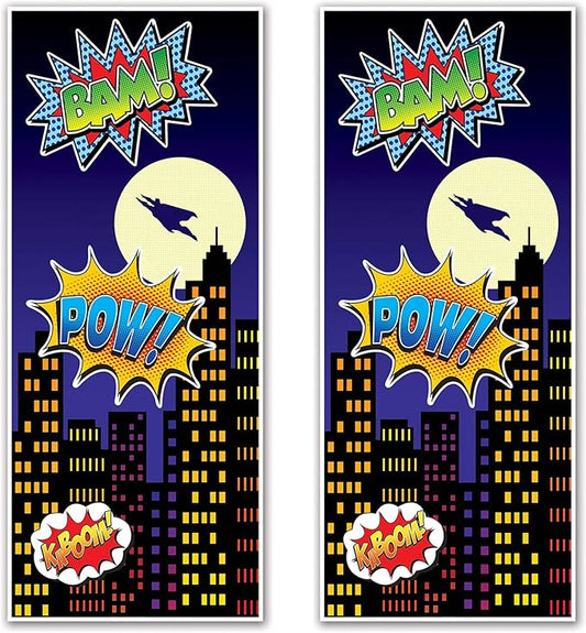 Beistle 2-Piece Hero Door Covers, Superhero Themed Party Decorations, Comic Book Hero Party Accessories, Action Hero Party Supplies, 30" x 6'