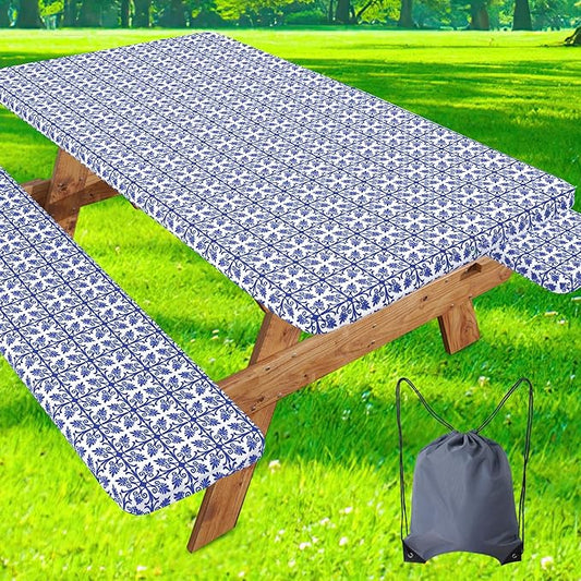misaya Picnic Table Cover with Bench Cover, Waterproof Elastic Fitted Tablecloth for 5 Foot Tables, Rectangle Washable Polyester Tablecloths for Picnic, Camping, Outdoor (Blue, 30" x 60")