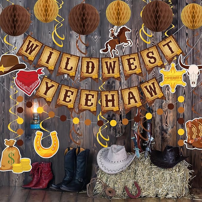 Western Party Decorations Pre-Strung Wild West Yee Haw Banner West Cowboy Hanging Swirls Honeycomb Balls Circle Dots Garland Ceiling Streamers for boys Western Cowboy Themed Birthday Party Decor