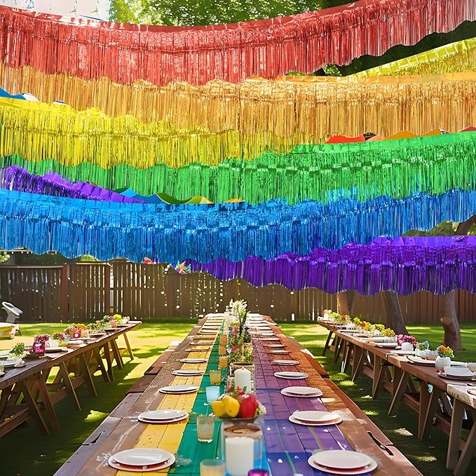 LOLStar Rainbow Foil Fringe Garland Pride Decorations, 6 Pack 59Ft Rainbow Tinsel Metallic Glitter Banner, Hanging Tinsel Fringe Banners for Birthday Pride Month Parade Floats Wedding Decor