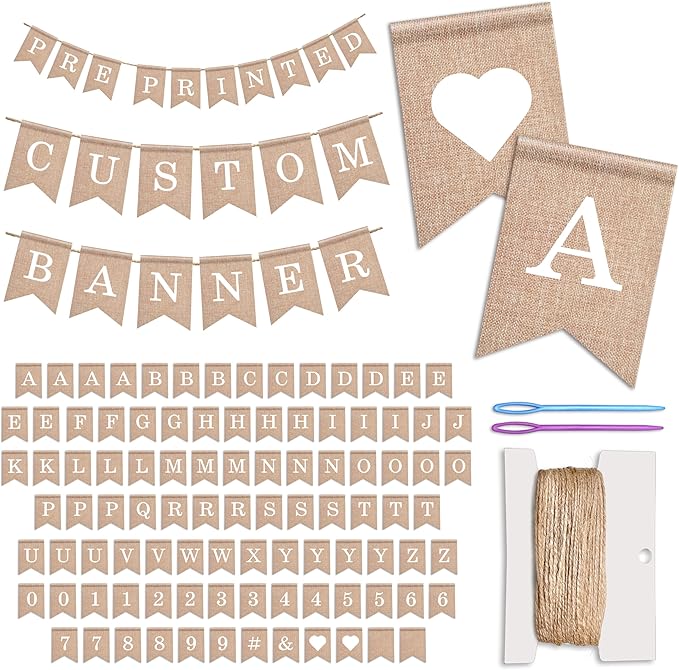 Pre-Printed Banner Kit – 97 BURLAP Flags with WHITE Letters, Numbers & Symbols, Reusable DIY Custom Banner, Make Your Own Personalized Party Banner, Faux Burlap, Includes Twine & 2 Needles