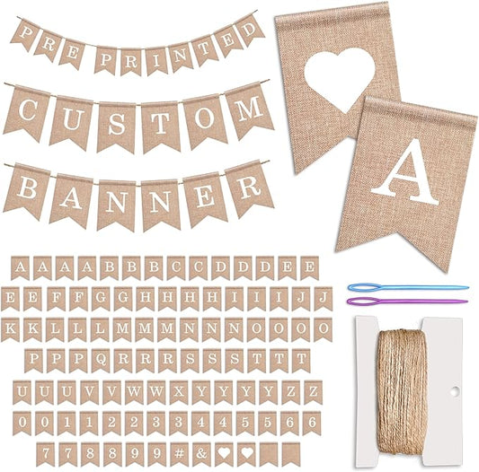 Pre-Printed Banner Kit – 97 BURLAP Flags with WHITE Letters, Numbers & Symbols, Reusable DIY Custom Banner, Make Your Own Personalized Party Banner, Faux Burlap, Includes Twine & 2 Needles