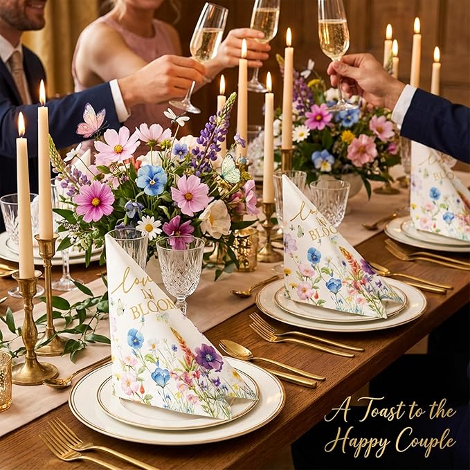 100 Pcs Cocktail Napkins Bulk, Love in Bloom Floral Paper Napkins Disposable, Everyday Beverage & Dinner Napkins for Wedding, Bridal Shower, Party Decorations, Bathroom Guest Towels