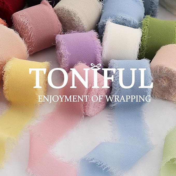 TONIFUL 4 Rolls Silk Chiffon Ribbon, 1-1/2 Inch x 22yds, Gold Chiffon Ribbons Set, Handmade Fringe Silk Ribbon for Gift Wrapping Bridal Bouquets Wedding Invitations Decoration Crafts
