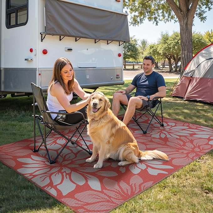 GENIMO Outdoor Rug Waterproof for Patio Decor, 5' x 8' Reversible Plastic Straw Floral Camping Carpet, Large Area Rugs Mats for RV, Camper, Deck, Balcony, Porch, Beach, Picnic, Red & Grey