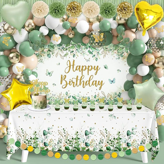 Sage Green Birthday Party Decoration Supplies for Boys Girls - Happy Birthday Backdrop, Tablecloth, Balloon Arch, Butterfly Stickers - Women Adult Decor, Neutral Baby Shower