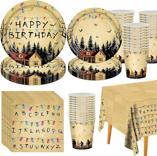 81Strange Birthday Party Tableware Decorations Kit- Disposable 20 Dinner&Dessert Plates, 20 Napkins, 20 Cups, 54x108inch Waterproof Plastic Tablecloth, Scary and Gloomy Things Party Decorations
