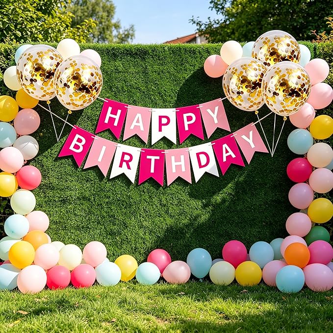 Happy Birthday Banner Sign Bunting Hanging Decorations with Shiny Gold Balloons Birthday Party Sign Decor for Party Supplies(Pink+White)