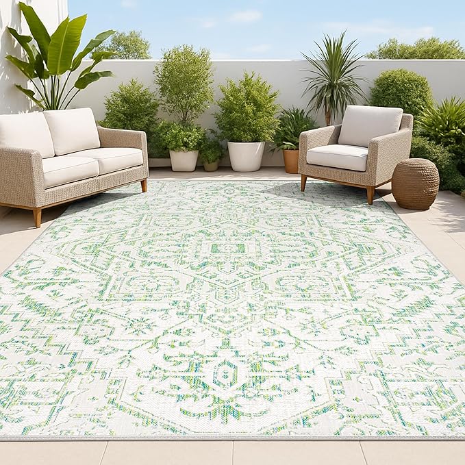 JONATHAN Y Boho Medallion Indoor Outdoor Area Rug 9X12 Green/Cream, Estrella Textured Weave for Backyard, Patio, Porch, Easy-Cleaning, High Traffic, Pet-Friendly, Non-Shedding (SMB105G-9)
