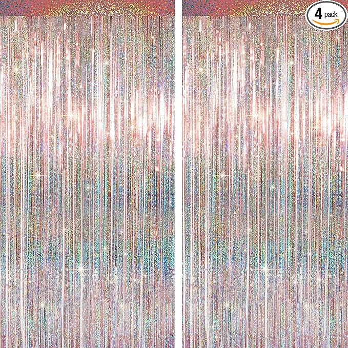 4 Packs Rose Gold Foil Fringe Curtain, Rose Gold Glitter Metallic Tinsel Backdrop for Birthday Wedding Bridal Baby Shower Engagement Bachelorette Party Decorations Supplies