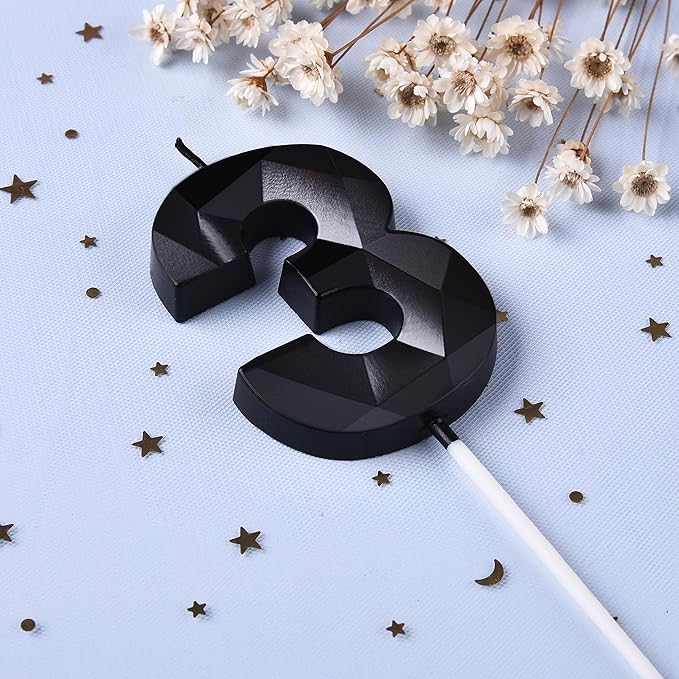 PHD CAKE 2.76 Inch Crystal Black 3 Number Birthday Candles, Red Number Candles, Cake Number Candles, Party Celebration