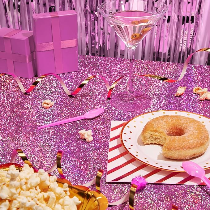 Just Shimmer Sparkling Holographic Laser Tablecloth - Shimmering, Waterproof, Easy to Clean - Ideal for Bachelorette, Birthday, Wedding, and Anniversary Party Decorations (Pink & Silver, 2)