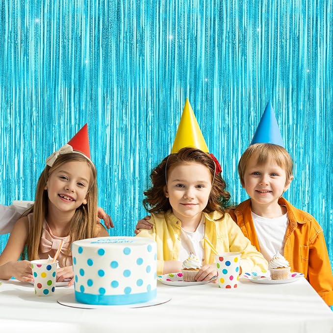 Light Blue Metallic Tinsel Foil Fringe Curtains Backdrop 2Pack 3.3x8.3Ft Blue Party Streamers for Birthday Party Decorations Halloween Christmas Decors Foil Curtain Backdrop for Bachelorette Wedding