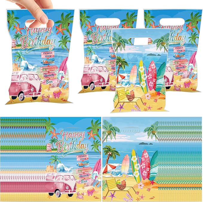 MOIZYNG 50Pcs Beach Birthday Gift Bags with Handles, Vintage Summer Surfing Surfboard Plastic Candy Treat Goodie Bags for Girls Hawaiian Surf Birthday Party Favors Supplies