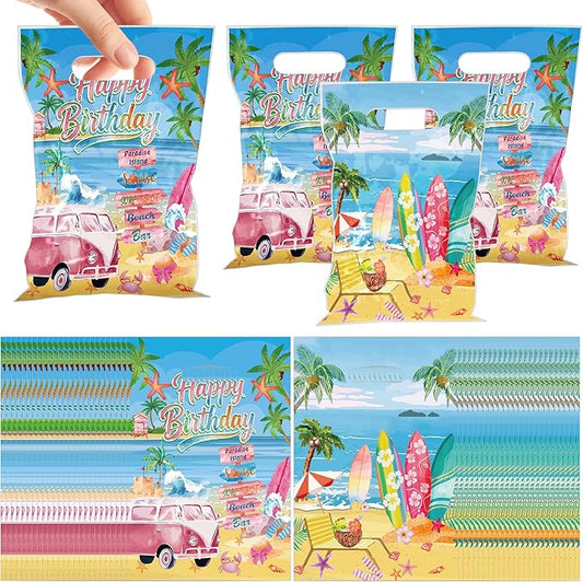 MOIZYNG 50Pcs Beach Birthday Gift Bags with Handles, Vintage Summer Surfing Surfboard Plastic Candy Treat Goodie Bags for Girls Hawaiian Surf Birthday Party Favors Supplies
