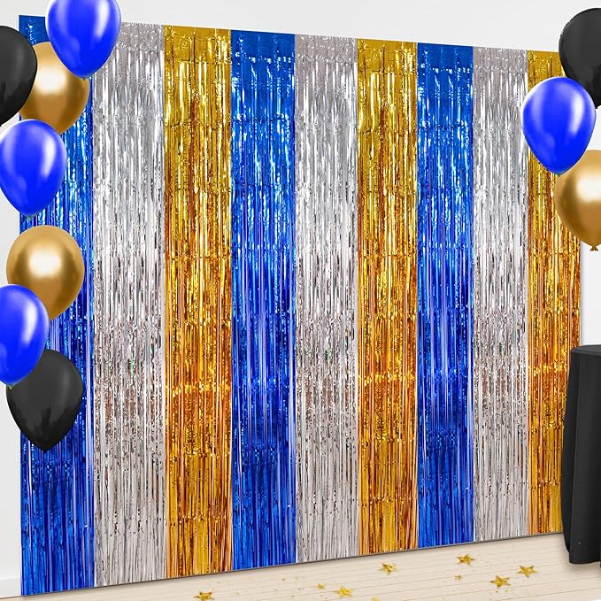 BEISHIDA 3Pcs Blue Silver Gold Door Streamer Backdrop Foil Fringe Tinsel Curtains Backdrops for Boy Men Birthday Baby Shower Graduation Decoration (3.28 ft x 6.56 ft)