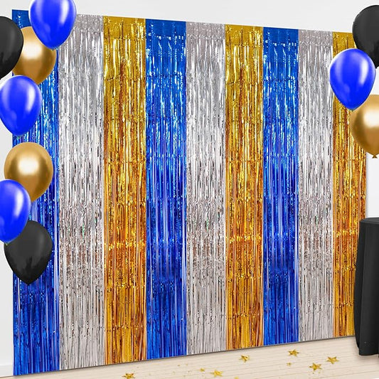BEISHIDA 3Pcs Blue Silver Gold Door Streamer Backdrop Foil Fringe Tinsel Curtains Backdrops for Boy Men Birthday Baby Shower Graduation Decoration (3.28 ft x 6.56 ft)