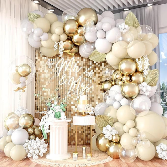 128PCS White Sand Gold Balloons Arch Kit, Nude Bridal Shower Balloon Garland with Metallic Gold Balloons for Bachelorette Bride to be Boho Wedding Baby Shower Birthday Graduation Party Decorations