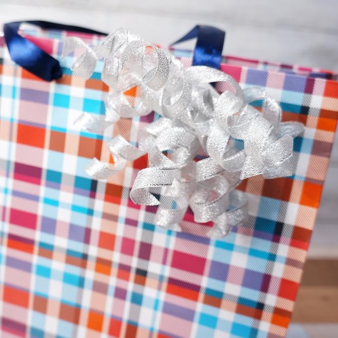 Silver Metallic Burst Curly Ribbon Bow 4" Wide x 6 Counts Gift Wrapping Pre-Tied Self-Adhesive Tab for Birthday Present Box Wine Bottle Baby Shower Party Christmas Hanukah