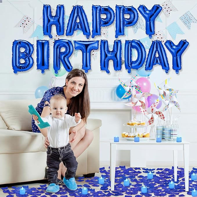 Blue Happy Birthday Balloons Decorations Happy Birthday Letter Balloons Banner Set with 24pcs Round Flameless LED Candles and 2000pcs Artificial Rose Petals for Women Men Room Party Decor