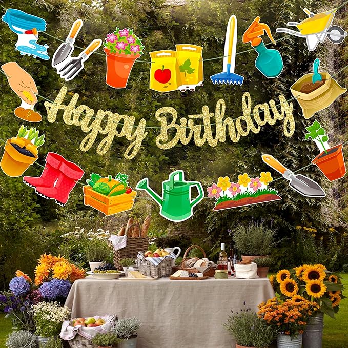 Garden Birthday Party Decorations 3Pcs Gardening Tool Theme Banner Garlands Gardening Birthday Hanging Decorations for Spring Theme Party Supplies