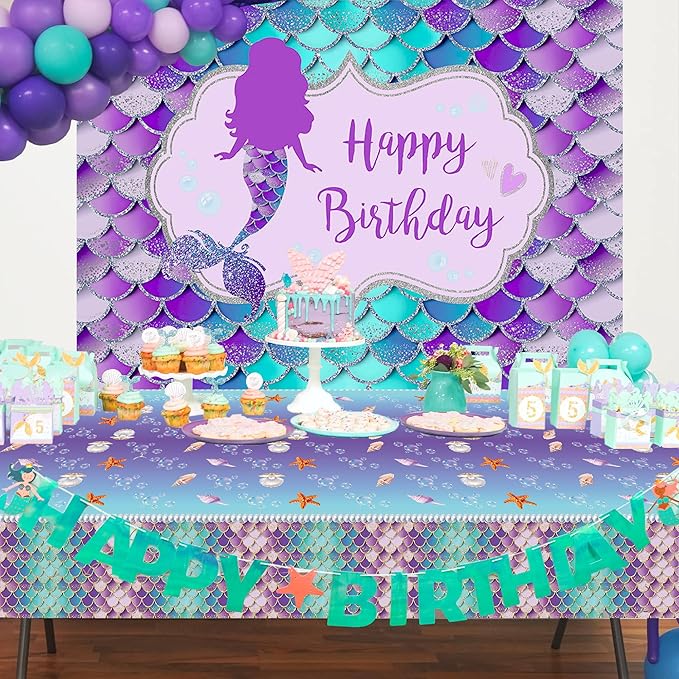 Mocsicka Mermaid Birthday Backdrop and Tablecloth Bundle Party Decorations