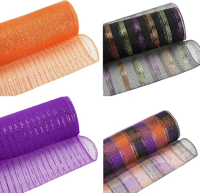 5 Rolls Halloween Mesh Ribbon for Wreath, 10 Inch x 30FT Per Roll Metallic Foil Deco Mesh Rolls Orange Purple Black Stripe Decorative Mesh for Fall Thanksgiving Halloween Home Party Decor