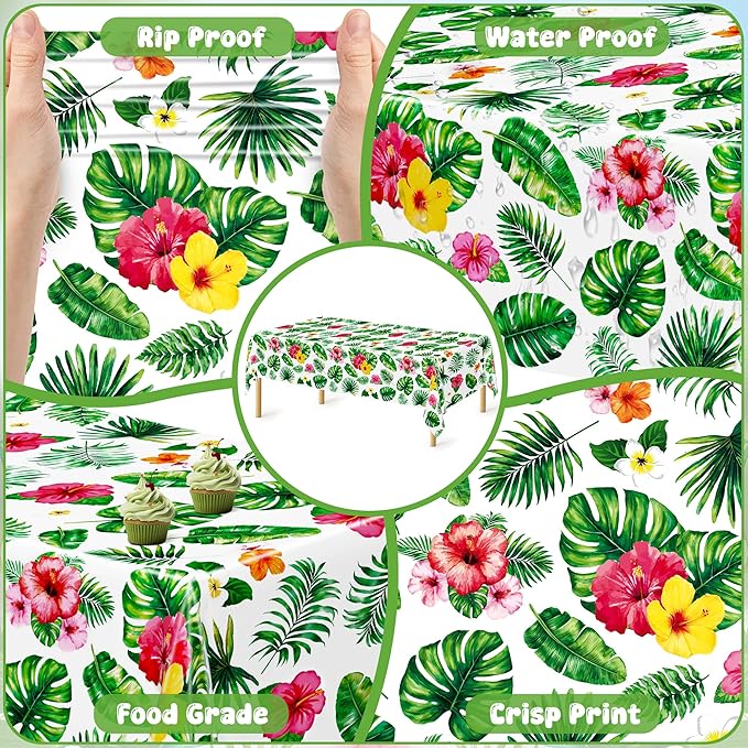 QZYL 4Pcs Luau Party Decorations, 108" X 54" Floral Leaf Tablecloth, Disposable Plastic Luau Party Decorations, Rectangle Tropical Palm Tablecover for Hawaiian Theme Decor Tropical Summer Beach Pool
