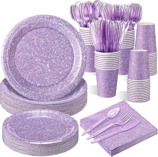 Hushee 175 Pcs Pastel Purple Holographic Print Party Supplies Guests Disposable Dinnerware Set Include Paper Plates, Napkins, Cups, Plastic Cutlery for Wedding Birthday Disco Bachelorette