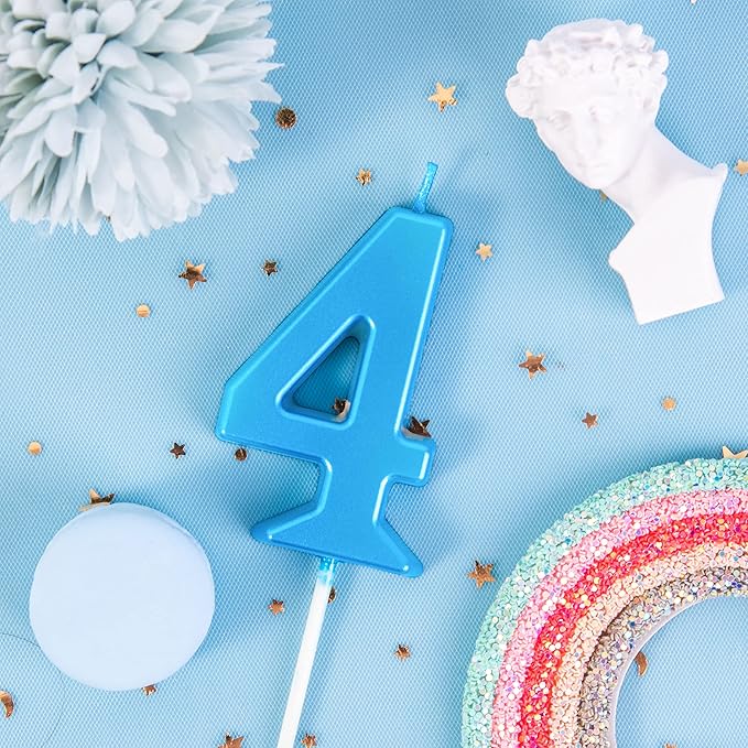 PHD CAKE 2.76 Inch Modern Blue 4 Number Birthday Candles, Blue Number Candles, Cake Number Candles, Party Celebration