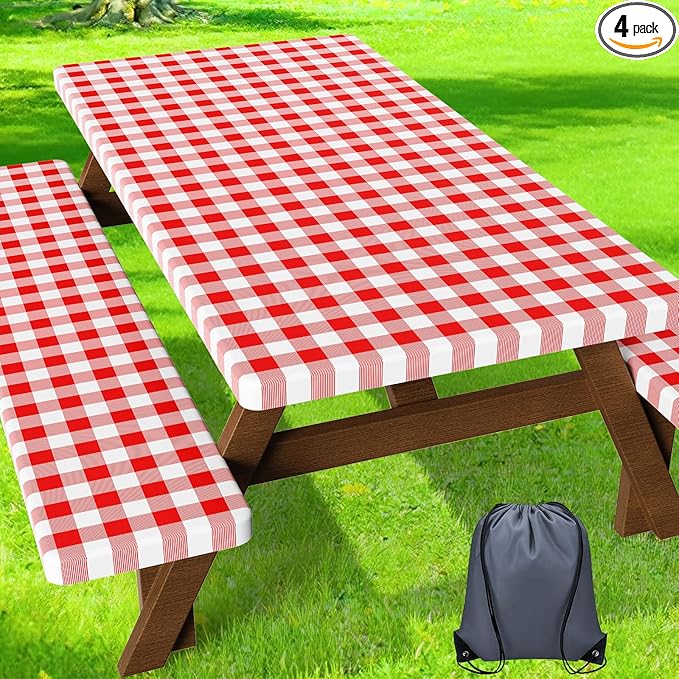 HappyTrends Fitted Picnic Table Cover with Bench Covers - 6FT Dual Layer Waterproof Camping Tablecloth with Windproof Elastic Edging & Bag, Washable RV Camping Accessories (96x30in, Red Checkered)