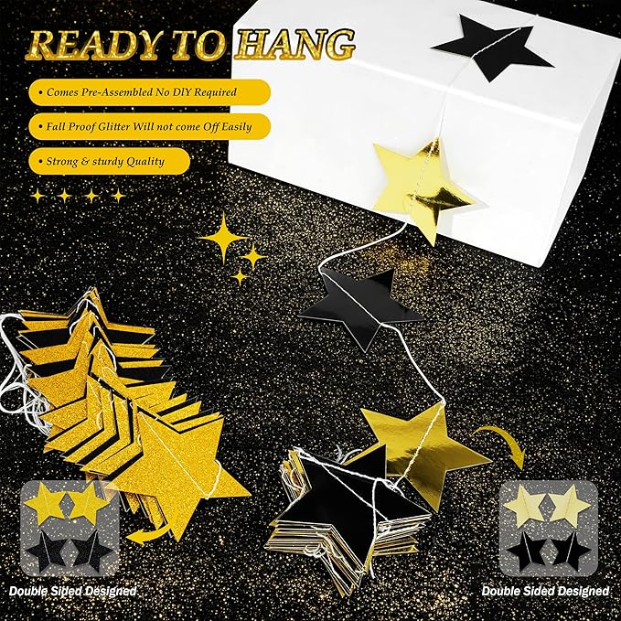40Ft Black Gold Glitter Star Garland Double Sided Hanging Star Streamers, 2026 Graduation Decor Star Banner for Black and Gold Party, Birthday, Wedding, New Year Eve Party Supplies