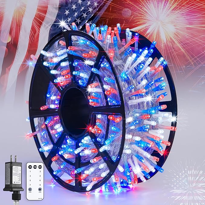JMEXSUSS 600 LED Red White and Blue Lights Outdoor Plug in, 4th of July Decorations Outdoor Lights for Memorial Day Patriotic American Holiday Tree Party Independence 4th of July Decor