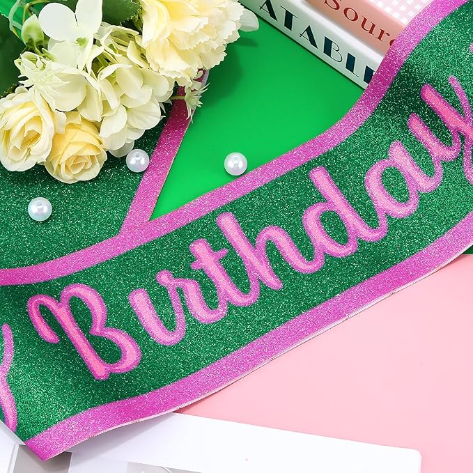 Pink Green Birthday Sash for Women, Hapdoo Witch Themed “It's my Birthday ” Sash with Glitter Foil for Girl, Happy Funny Decorations Accessories for Women Party Favors Supplies