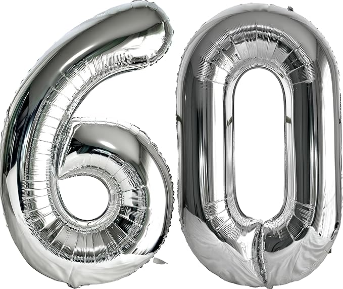 FIROMI 60 Number Balloons Silver Big Giant Jumbo Huge Foil Mylar 60 Balloon Numbers for 60th Birthday Party Anniversary Events Decorations 40-inches