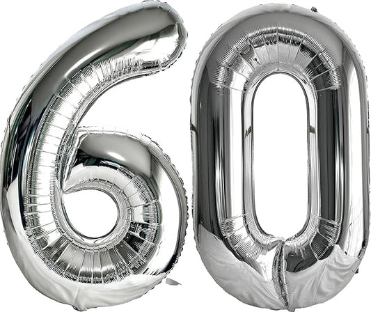 FIROMI 60 Number Balloons Silver Big Giant Jumbo Huge Foil Mylar 60 Balloon Numbers for 60th Birthday Party Anniversary Events Decorations 40-inches