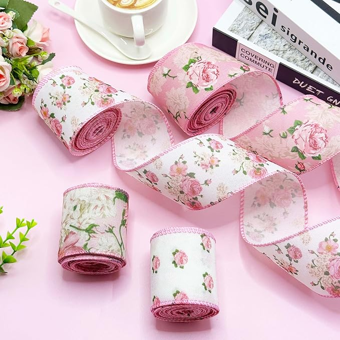 Pink Floral Ribbon with Wire, Vintage Rose Wired Ribbon for Bow Making, Wreath Craft, Gift Wrap, Spring Summer Holiday Wedding Birthday Baby Shower Party Home Decor,4 Rolls,2.5 Inch (Pink)